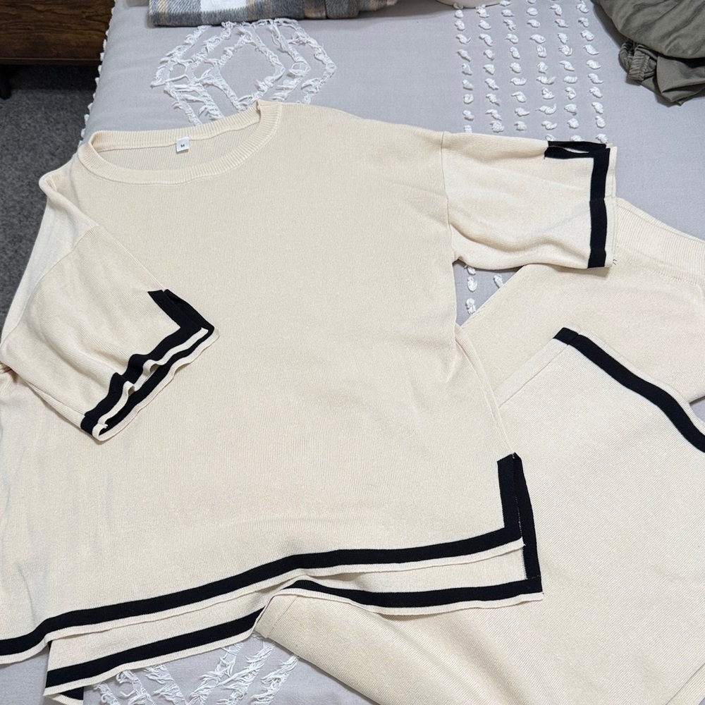 Women’s Cream Sweater and matching pant set with Black Accents